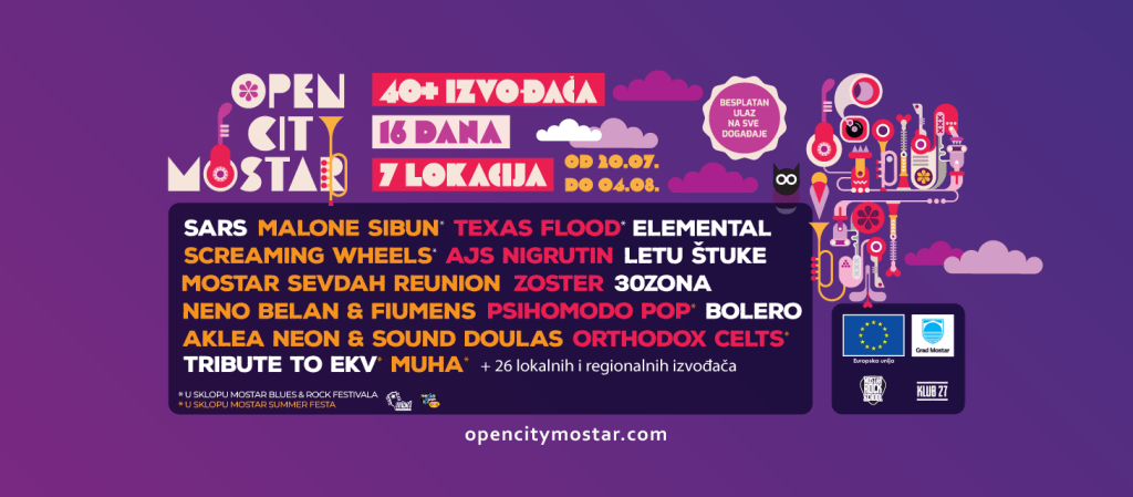 Open City Mostar: Grupa Gabriel ispred Kosače, na Hamam stage Mayer&Mujke, Zagintosh