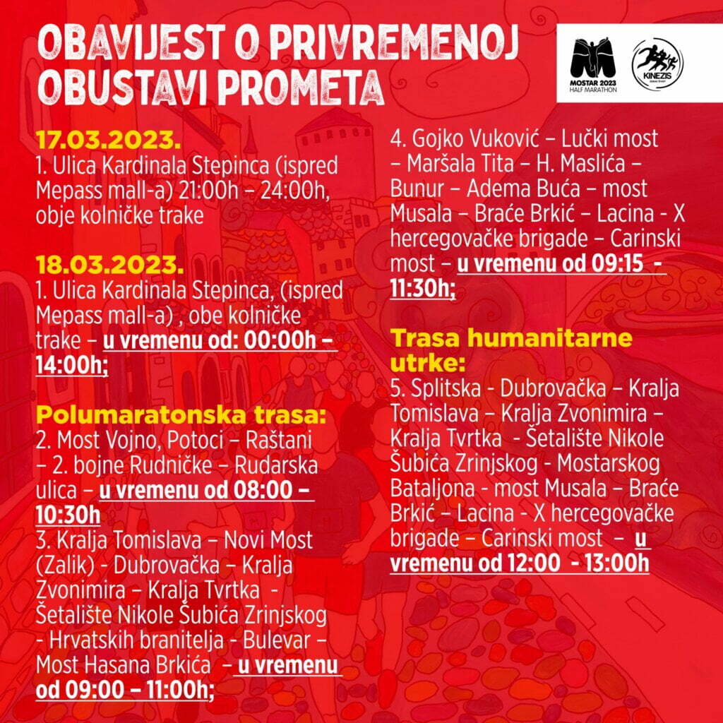 Plan obustave prometa za Mostar Run Weekend 2023.