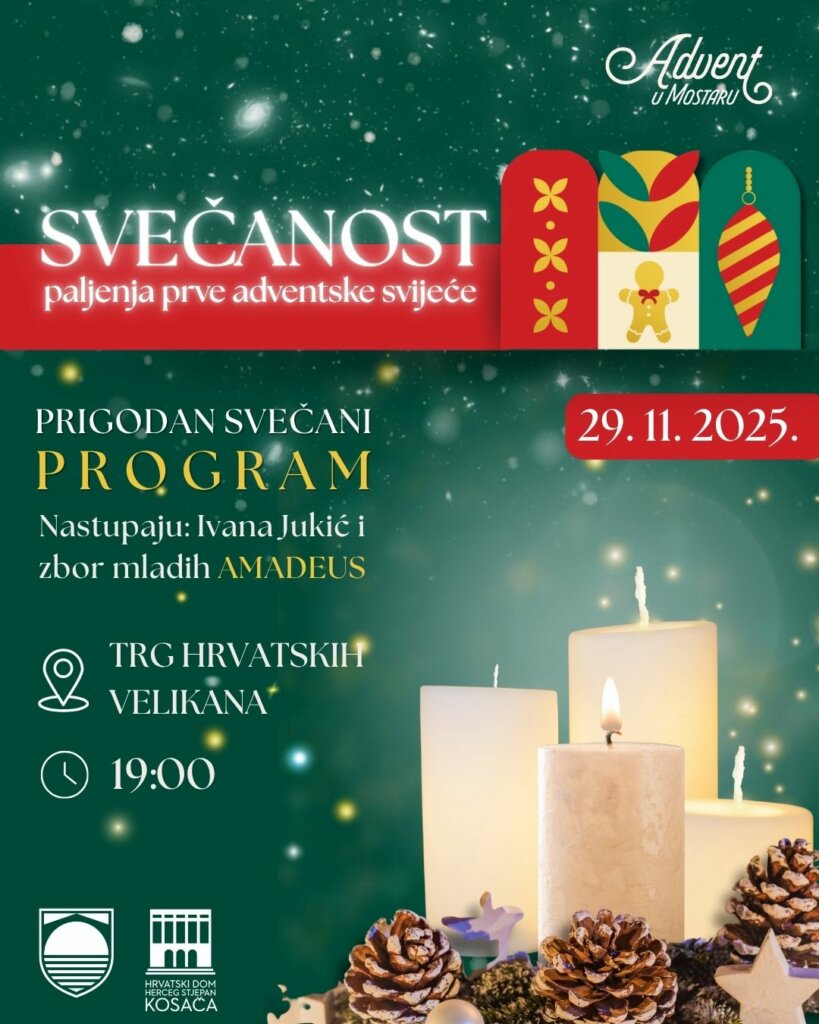 Svečanost paljenja prve adventske svijeće održat će se u subotu, 29. studenoga