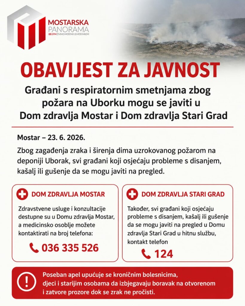 Građani s respiratornim smetnjama zbog požara na Uborku mogu se javiti u Dom zdravlja Mostar i Dom zdravlja Stari Grad